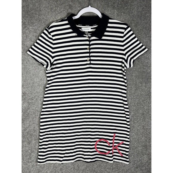 Calvin Klein‎ CK Striped Polo Shirt Dress Womens Size Large Blue White Pink - Picture 1 of 15